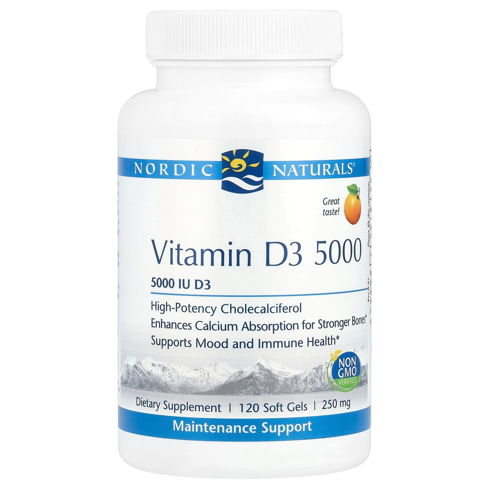 Nordic Naturals, витамин D3 5000, со вкусом апельсина, 5000 МЕ, 120 капсул