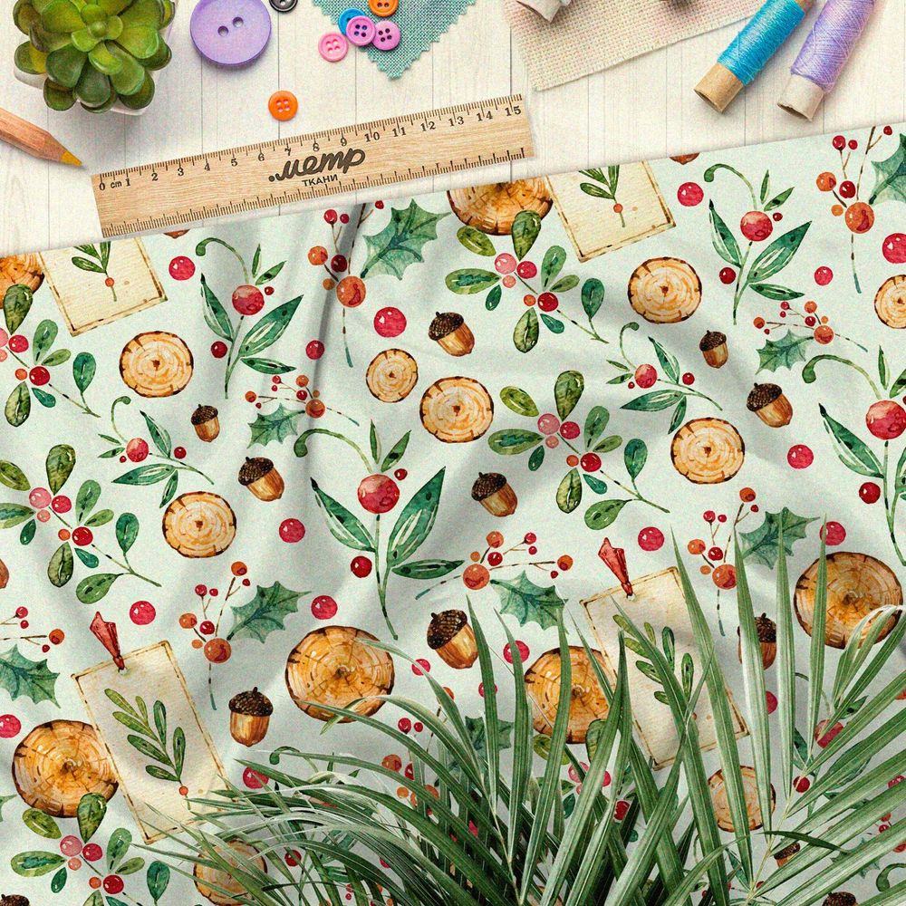 Ткань флис пеньки, шишки и клюква на зелёном фоне