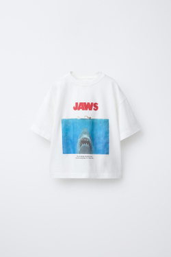 ZARA ФУТБОЛКА С ПРИНТОМ JAWS © 50TH ANNIVERSARY, БЕЛЫЙ
