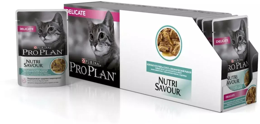 Влажный корм Pro Plan Delicate для кошек с чувствительным пищеварением, океаническая рыба в соусе, 26 шт x 85 г