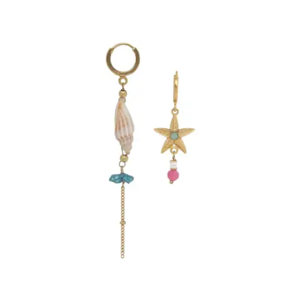 Серьги Franck Herval, Summer, асимметричные, с ракушками, бирюзой, нефритом и кристаллом, FH26.1-12-