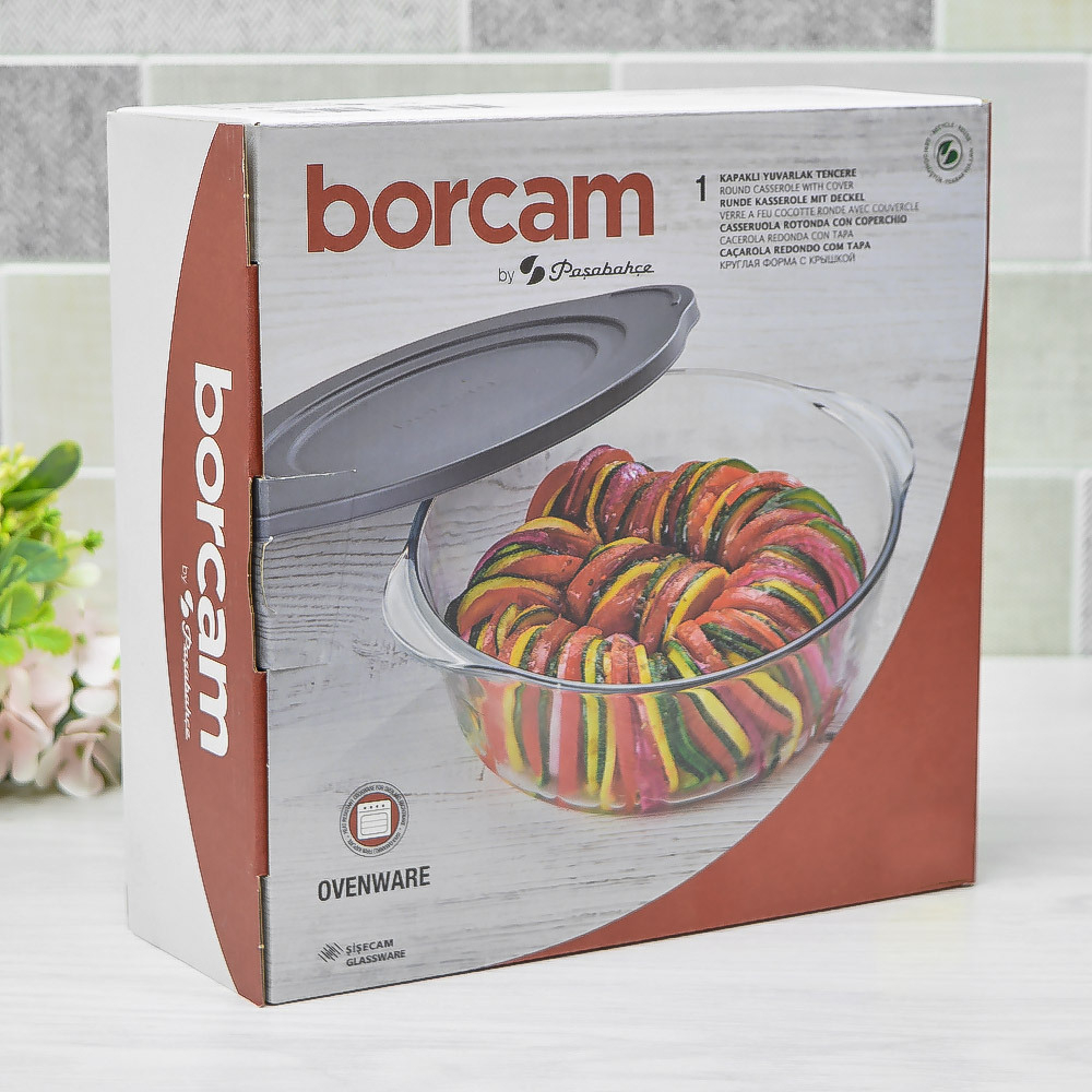 Кастрюля стеклянная 2,1л с пластиковой серой крышкой "Borcam"