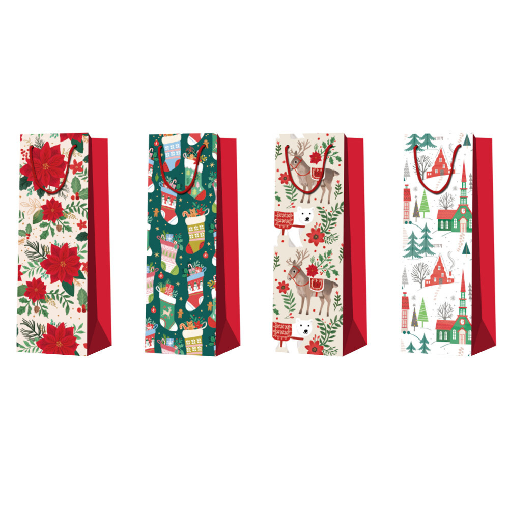 Пакет подар. бум. новогодн. (под бутылку) 36*12*9 см 210 гр/м2 "Новогодний" микс дизайнов