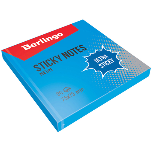 Самоклеящийся блок Berlingo "Ultra Sticky", 75*75мм, 80л, синий неон