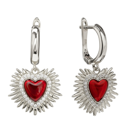 Серьги Сердце с красной эмалью и Фианитами, silver