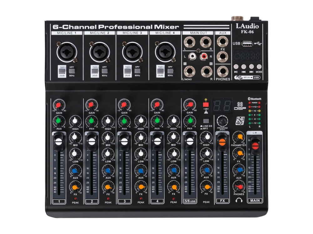 LAudio FK-06 Микшерный пульт, 6 каналов, серия PRO. Проигрыватель MP3 + BT. Размер: 243 х 38 х 273 мм. Вес: 1,5 кг.