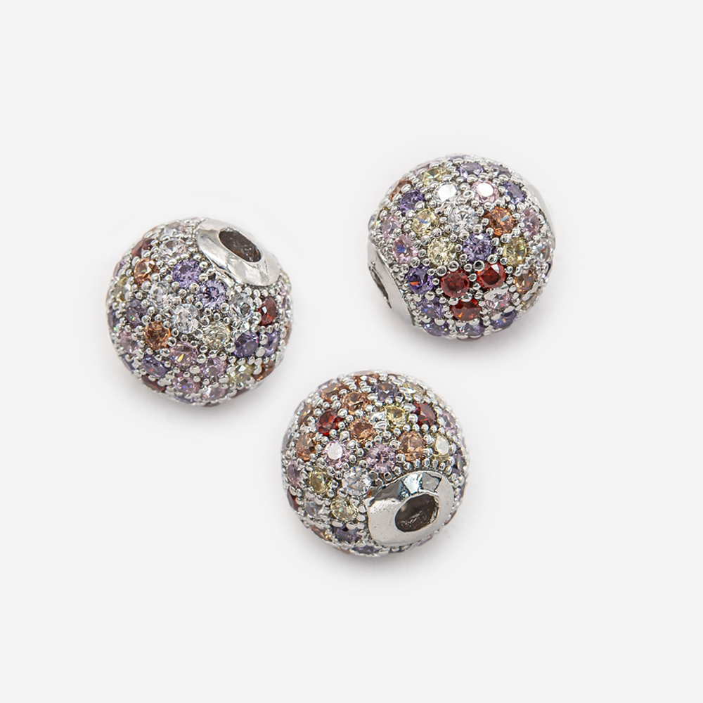Бусина с разноцветными фианитами, 10мм, родирование