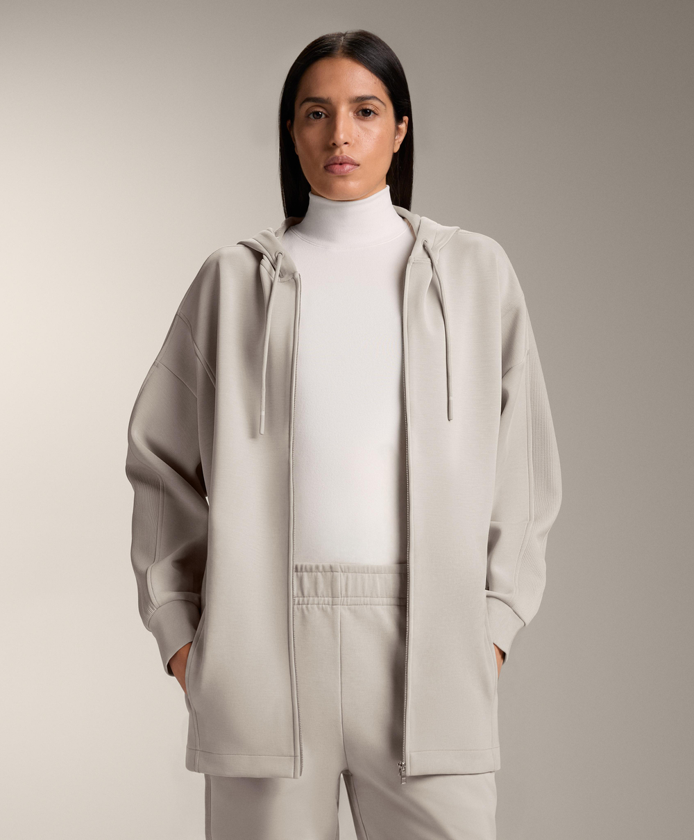 Oysho Длинная куртка с капюшоном, детали в рубчик, из модала с начесом, серо-коричневый