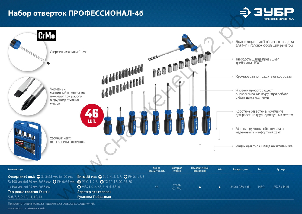 ЗУБР Профессионал-46 46 шт, Набор отверток с насадками (25283-H46)