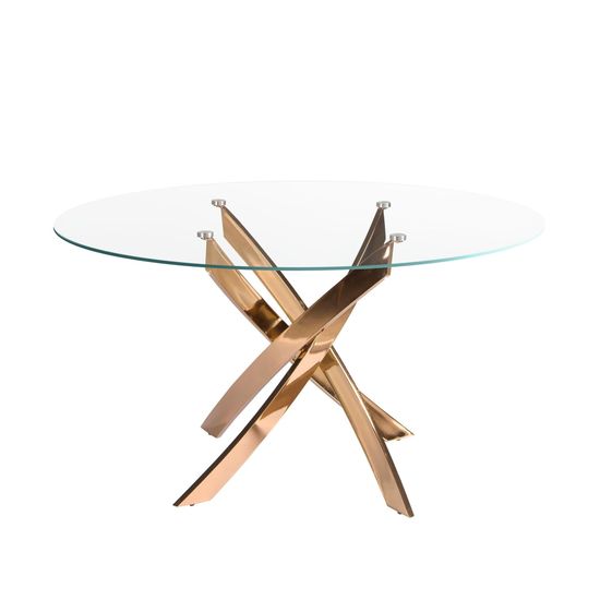 Круглый обеденный стол 1169-Ø110 из закаленного стекла и розовой стали