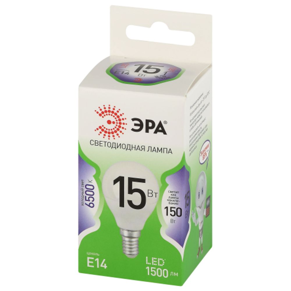 Лампа светодиодная ЭРА GREEN LINE LED P45-15W-865-E14 GL 15Вт шар холодный свет E14 | Лампы cветодиодные Шар (G/P)