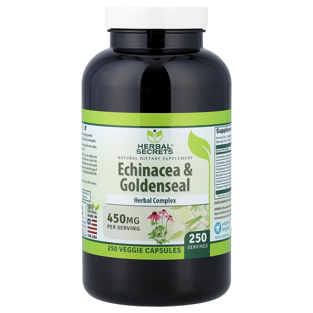 Herbal Secrets, эхинацея и желтокорень, 250 растительных капсул