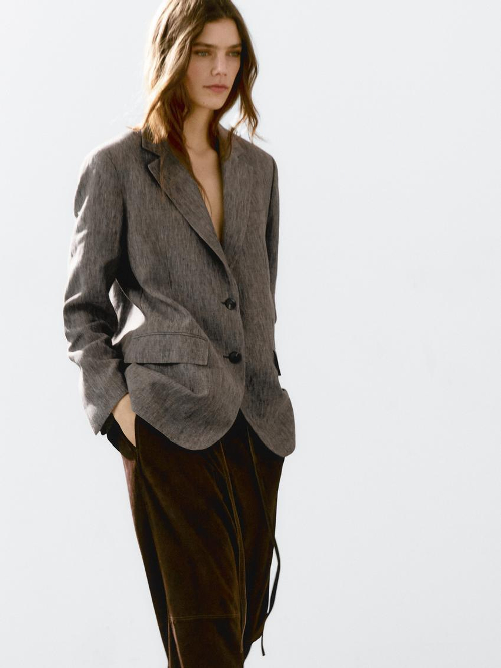 Massimo Dutti Пиджак из 100% льна с меланжевым узором, кротово-коричневый