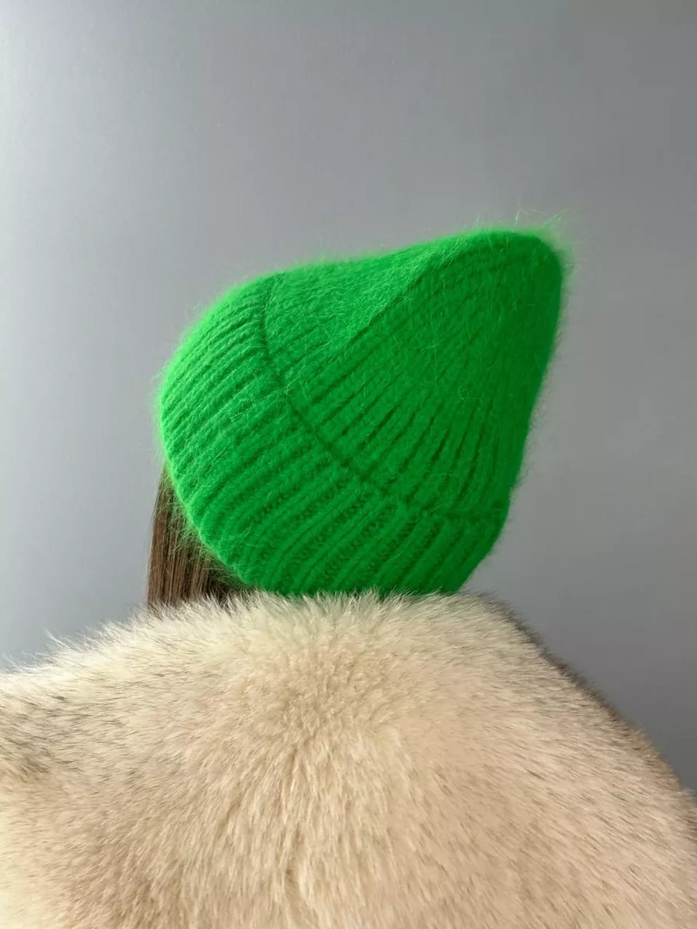 шапка вязаная бини ангора теплая демисезонная с отворотом