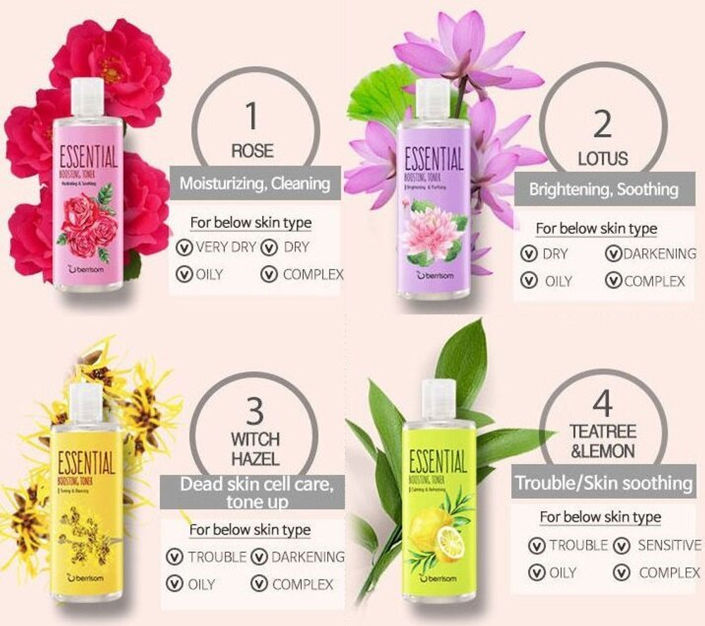 Berrisom Essential Boosting Toner Rose Hydrating & Soothing тонер-бустер успокаивающий с экстрактом розы