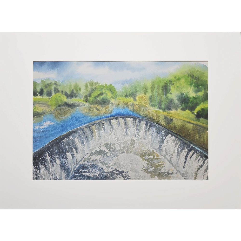 Картина авторская акварельная в паспарту 30х40 см на стену для интерьера "Сельская ГЭС. Ярополец"