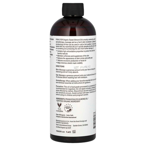 Pura D'or, органическое масло сладкого миндаля, 473 мл (16 жидк. унций)