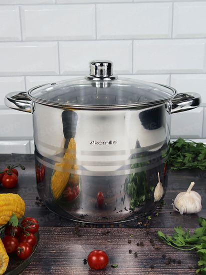 Кастрюля 8,5 л. из нержавеющей стали Kamille KM 5403 со стеклянной крышкой