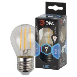 Лампа светодиодная ЭРА F-LED P45-7W-840-E27 7Вт филамент шар нейтральный белый свет Е27 | Филаментные декоративные