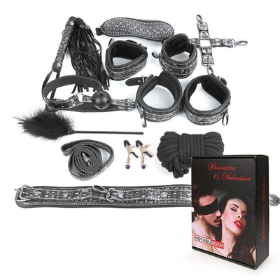 КОМПЛЕКТ (наручники, оковы, ошейник с поводком, верёвка, фиксатор, плётка, кляп, маска, зажимы для сосков, щекоталка) серебро