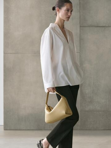 Massimo Dutti Рубашка из поплина с декоративными деталями на груди, белый