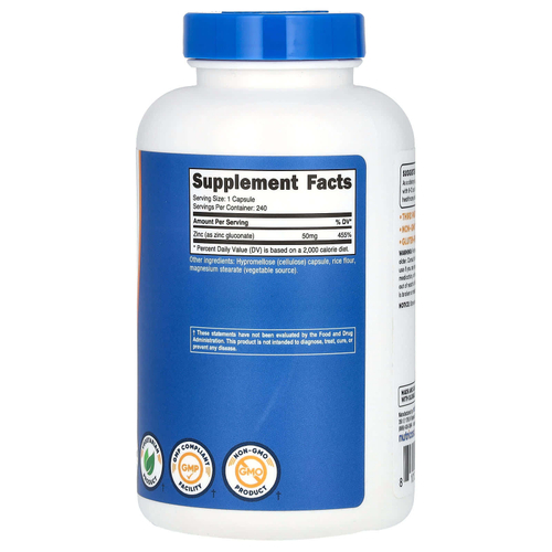 Nutricost, Глюконат цинка, 50 мг, 240 капсул