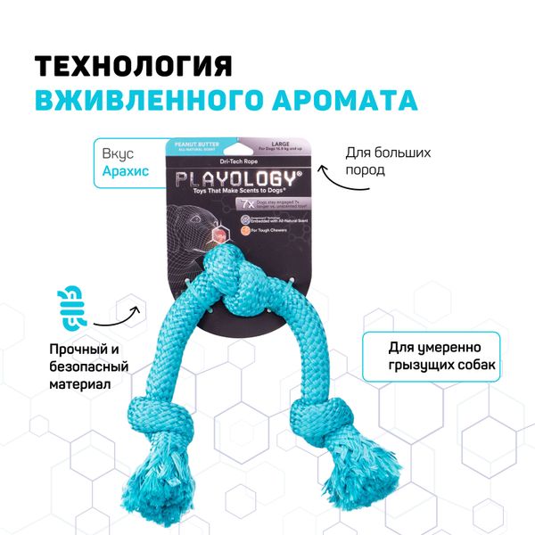 Жевательный канат Playology DRI-TECH ROPE для собак средних пород с ароматом арахиса, средний, цвет голубой