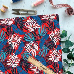 Ткань таффета тропические листья на красном фоне