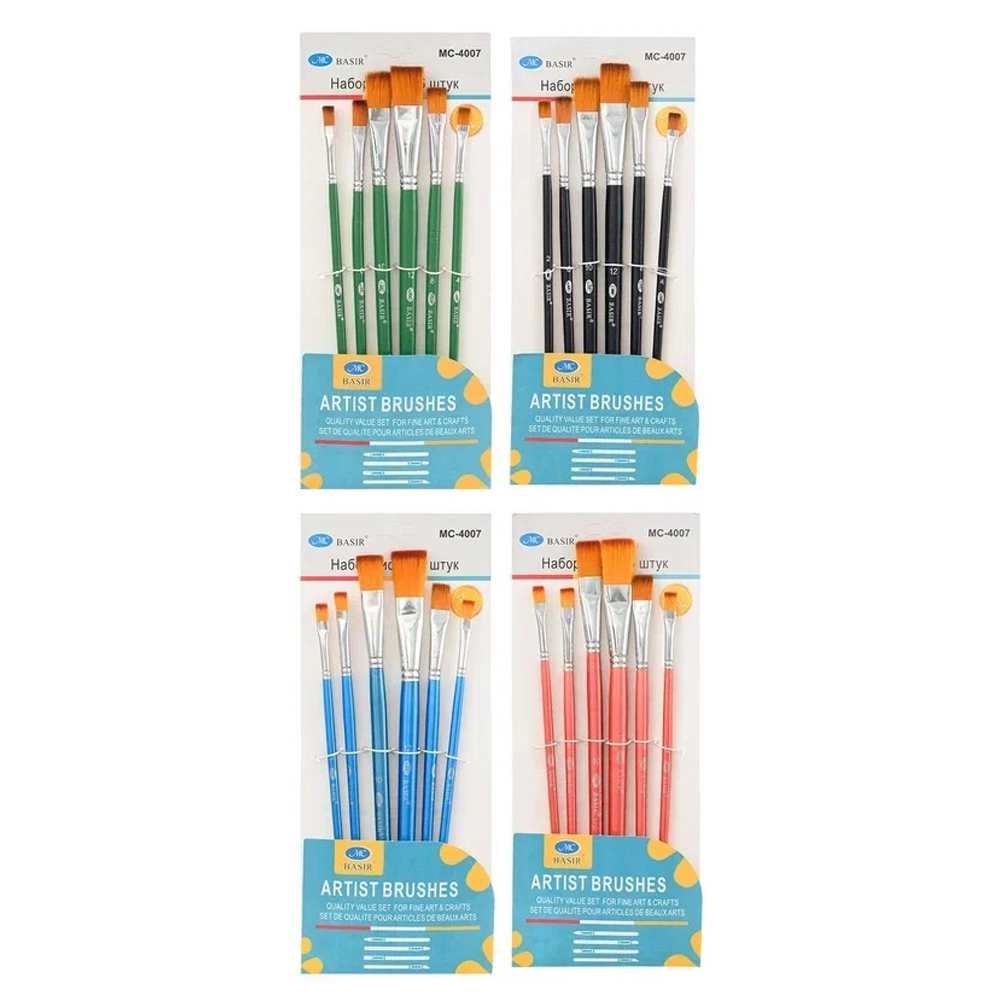 Кисть для рисования Basir художественная, нейлон, плоские, № 2,4,6,8,10,12, набор из 6 шт