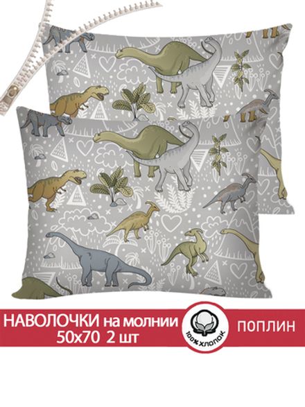 Наволочка комплект 2шт поплин Сказка "Юрский период" 50x70 см на молнии