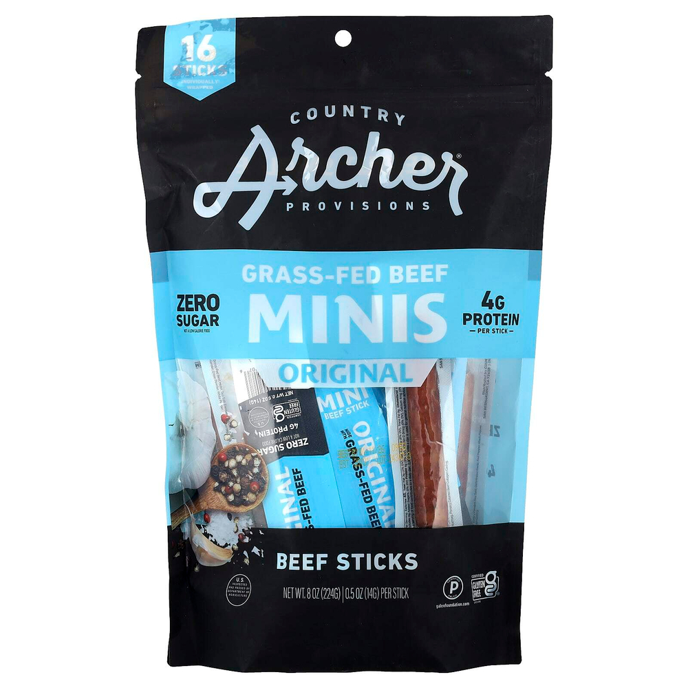 Country Archer Jerky, Говяжьи палочки от травяного откорма, оригинальные, 16 палочек по 14 г (0,5 унции)