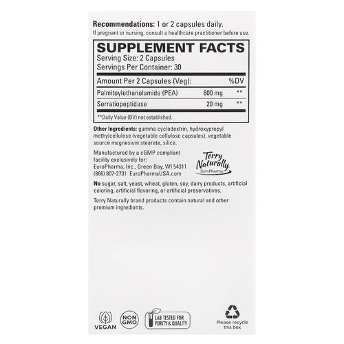 Terry Naturally, ПЭА для здоровой реакции на воспаление с серратиопептидазой, 60 капсул