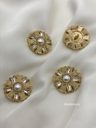 Пуговицы золотые со стразами и жемчугом в форме цветка с твидовой желтой тесьмой