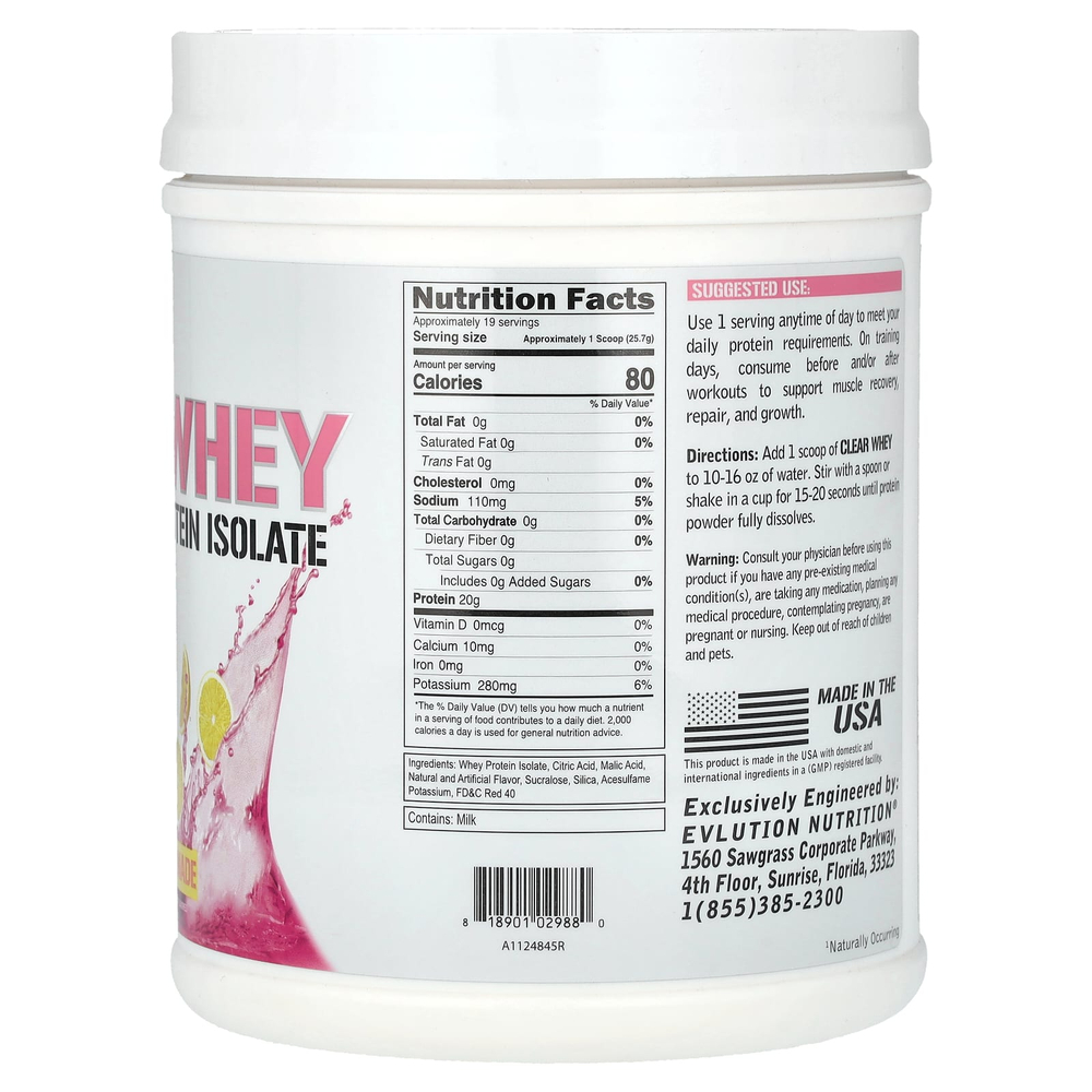 EVLution Nutrition, Clear Whey, 100% изолят сывороточного протеина, со вкусом розового лимонада, 500 г (1,1 фунта)