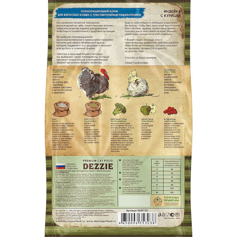 DEZZIE Sensitive Digestion Cat Сухой корм для взрослых кошек с чувствительным пищеварением 10кг Инде