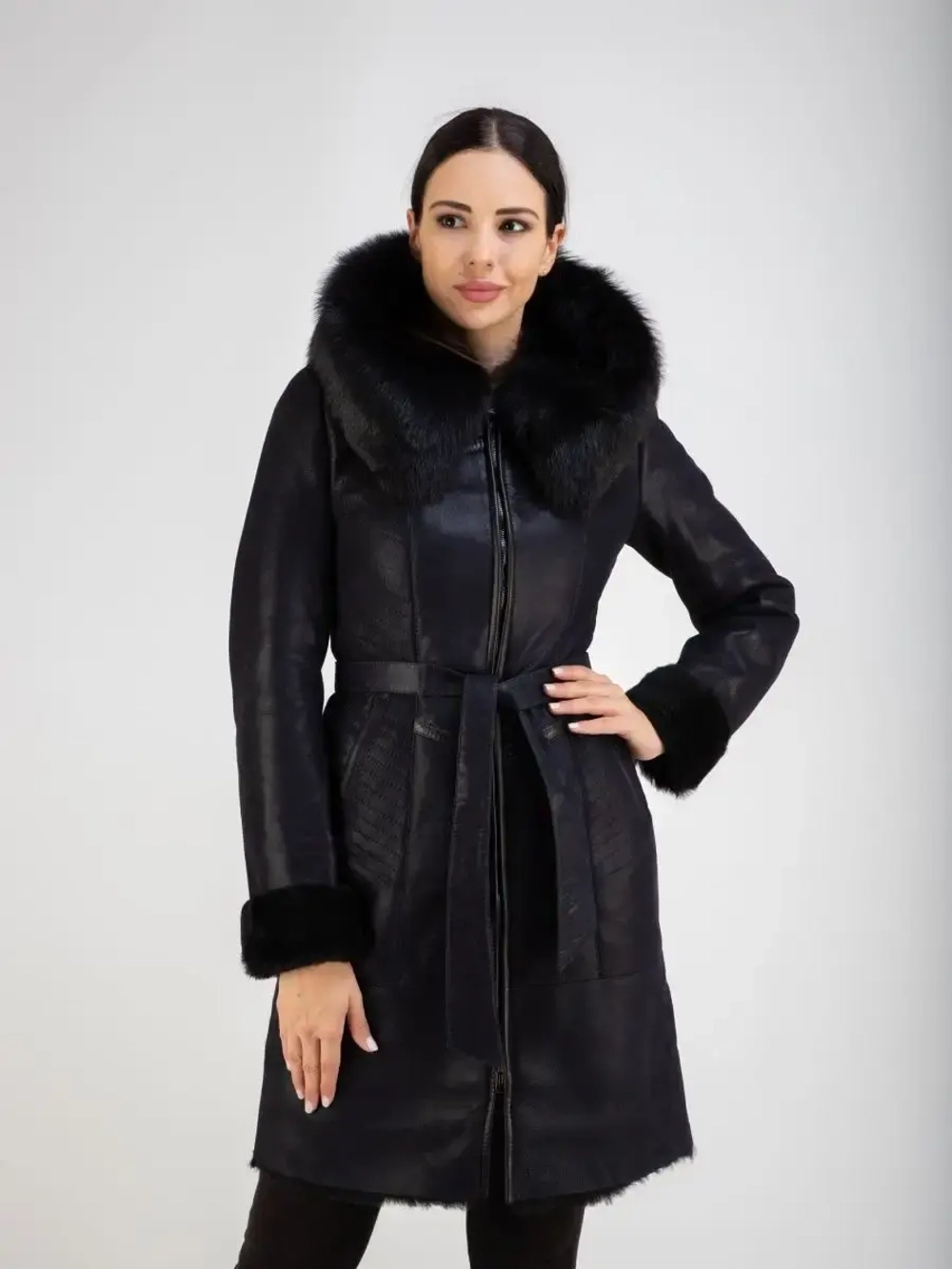 Дубленка женская натуральная с капюшоном длинная Турция