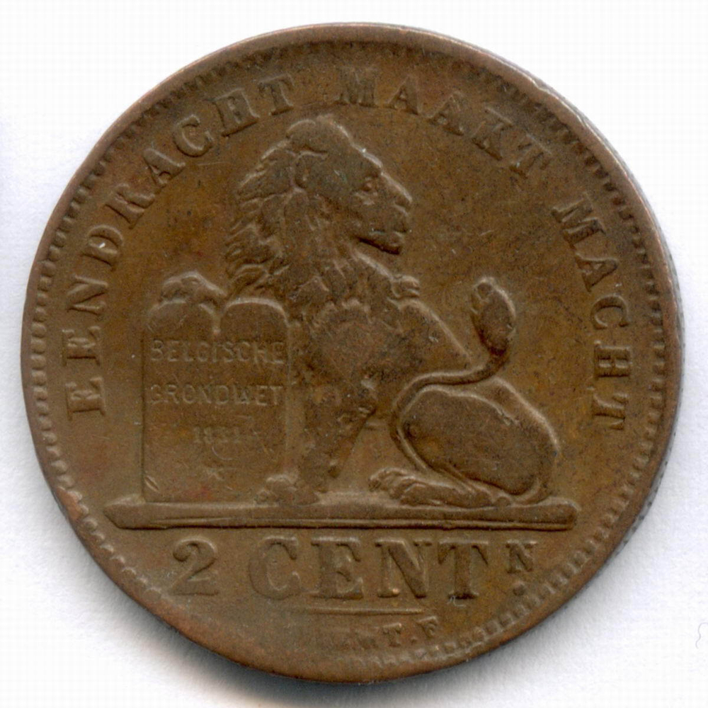 2 сантима 1902 год. Бельгия (Леопольд II). Надпись на голландском - DER BELGEN. Медь, диаметр 21.5 мм. VF