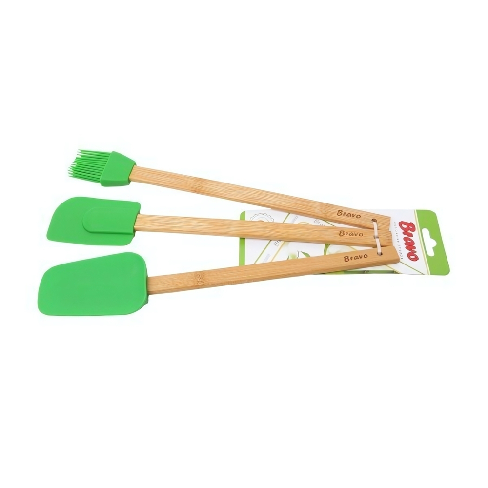 Набор кухонных принадлежностей (2 лопатки, 1 кисточка) Силикон с ручкой из бамбука BRAVO