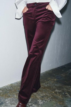 ZARA БАРХАТНЫЕ РАСКЛЕШЕННЫЕ БРЮКИ ZW COLLECTION, БУРГУНДИ