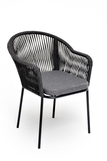 "Лион" стул плетеный из роупа, каркас алюминий темно-серый (RAL7024) муар, роуп темно-серый круглый, ткань темно-серая 027