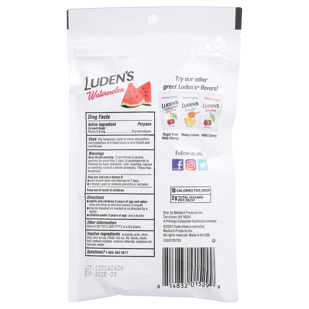 Luden's, пектиновая пастилка/смягчающее средство для полости рта, арбуз, 25 капель для горла