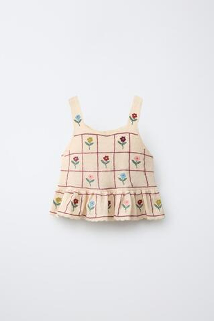 ZARA ТРИКОТАЖНЫЙ ТОП С ЦВЕТОЧНЫМ ПРИНТОМ, ЦВЕТ СЛОНОВОЙ КОСТИ