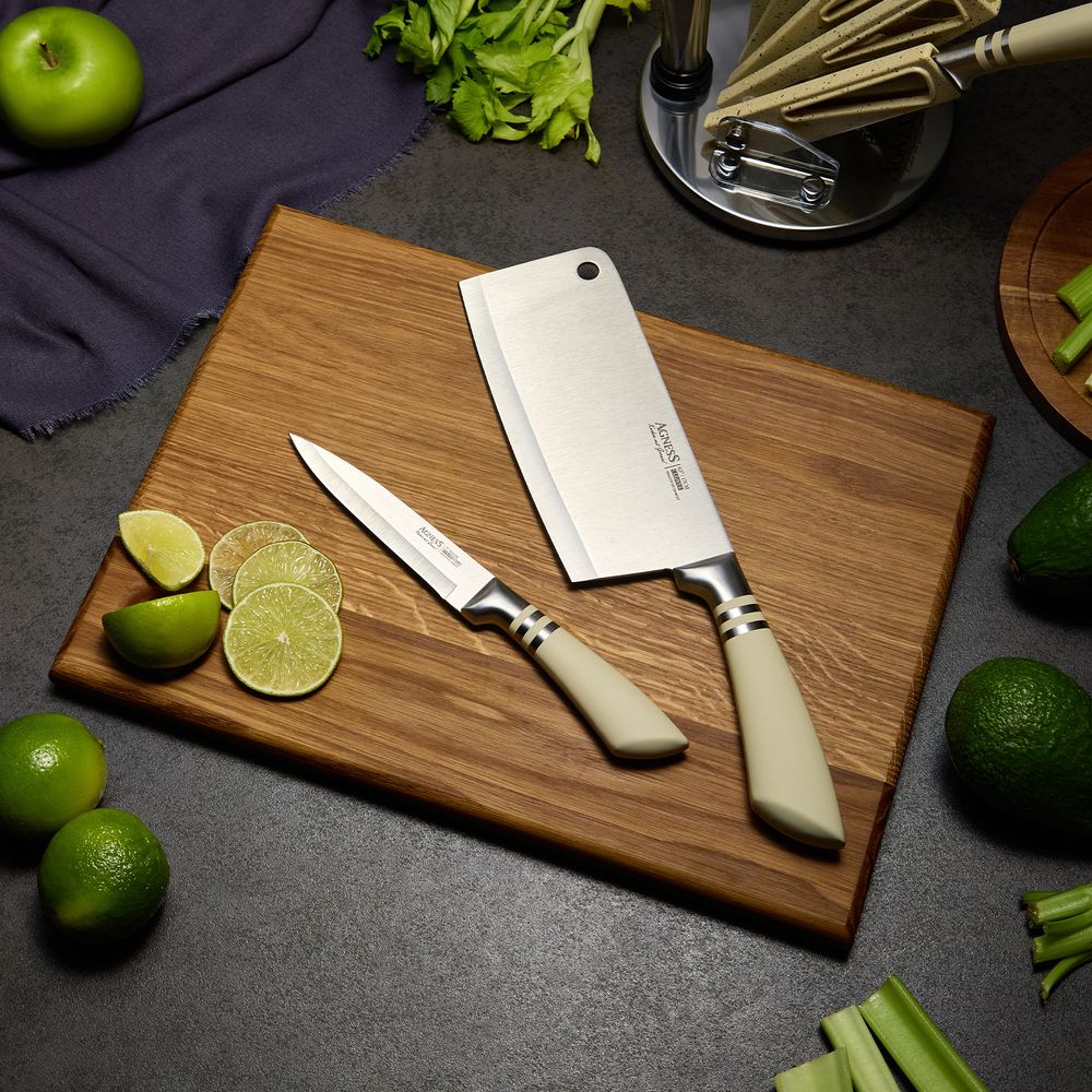 НАБОР НОЖЕЙ AGNESS С НОЖНИЦАМИ И МУСАТОМ НА ПЛАСТИКОВОЙ ПОДСТАВКЕ, 8 ПРЕДМЕТОВ (КОР=6НАБОР.)