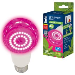 LED-A60-15W-SPSB-E27-CL PLP30WH Лампа светодиодная для растений. Форма A. прозрачная. Спектр для рассады и цветения. Картон. ТМ Uniel