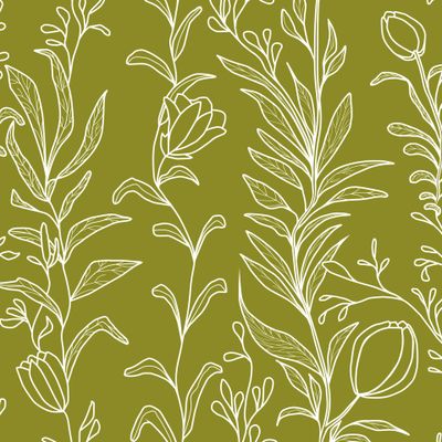 Ветвистые цветы (контур) на оливковом фоне