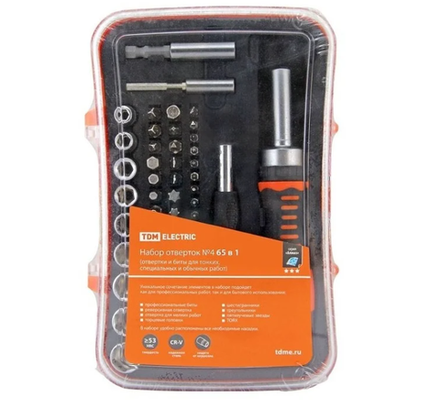 Набор отверток  2 шт реверсивная и тонкая + биты,головки №4 65пр "Алмаз" TDM