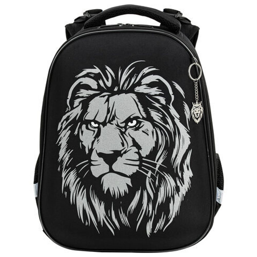 Ранец BRAUBERG SHINY, 2 отделения, с брелком, "Savage lion", светящийся рисунок, 38х28х14 см, 272039