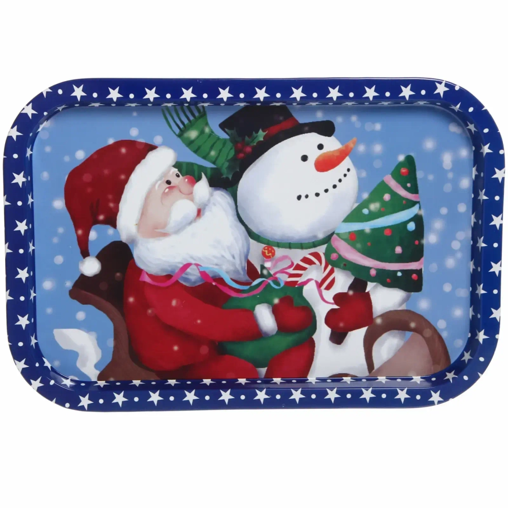 Поднос жестяной 34,5*23,5см «Дед Мороз со снеговиком»