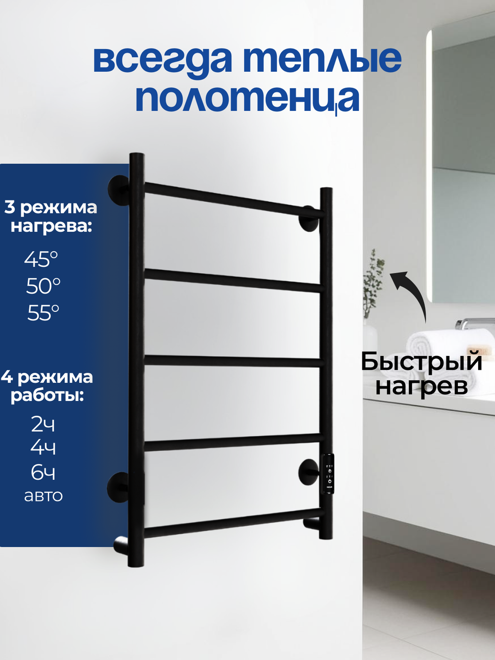 Полотенцесушитель черный электрический Ligero Lux лесенка 80 х 50