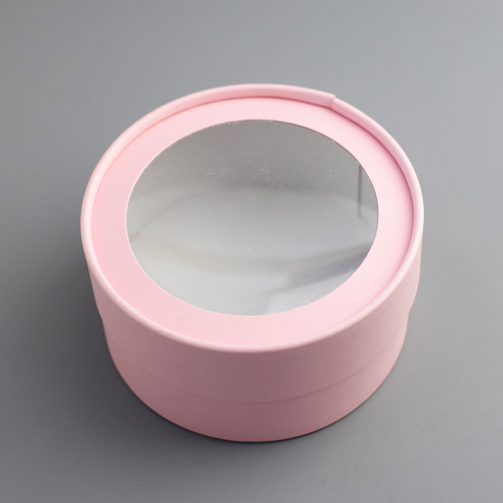 Коробка круглая с окном розовая, 16*7см